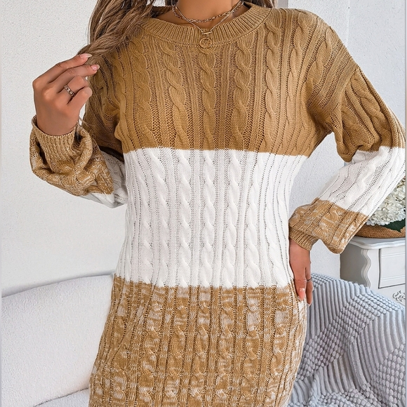 Stylish Color Block Cable-Knit Sweater Dress - Picture 5 of 9